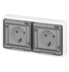 Розетка 2-ая ЭРА Эксперт 11-2524-01 2х2P+E гориз. IP55, шторки, 16A-250В, СУ, Белый  Б0063254  ЭРА