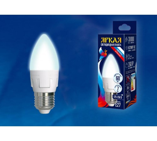 Лампа светодиодная LED-C37 7W/NW/E27/FR PLP01WH LED. "свеча", матовая. серия Яркая, пр-во Россия, 4000K  UL-00002412  Uniel