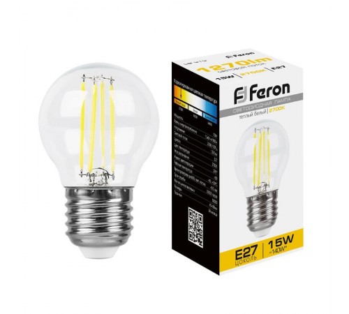 Лампа светодиодная, (15W) 230V E27 2700K прозрачная, LB-515  38252  FERON