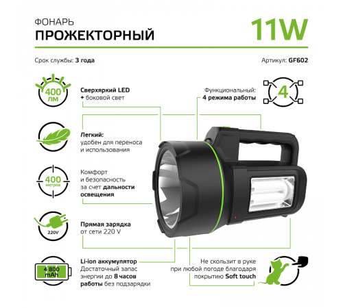 Фонарь прожекторный светодиодный GFL602 11W 400lm Li-ion 4800mAh LED 1/10/30  GF602  Gauss