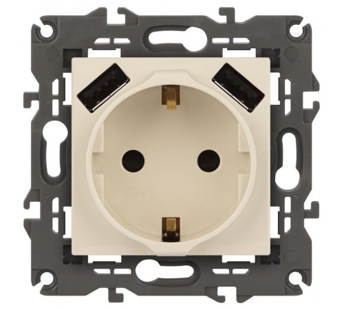 14-4109-02 Розетка без заземления+E 16A-250В, штор. с 2xUSB 5В-3А, Elegance, слоновая кость (10/100/2000  Б0047868  ЭРА