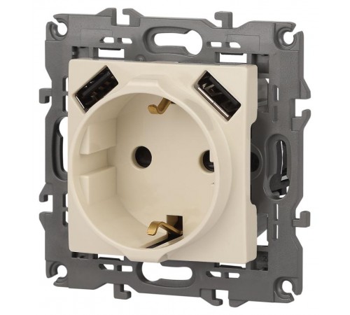 14-4109-02 Розетка без заземления+E 16A-250В, штор. с 2xUSB 5В-3А, Elegance, слоновая кость (10/100/2000  Б0047868  ЭРА