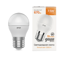 Лампа светодиодная Basic Шар 7,5W 670lm 3000K E27 LED 1/10/100  1053218  Gauss