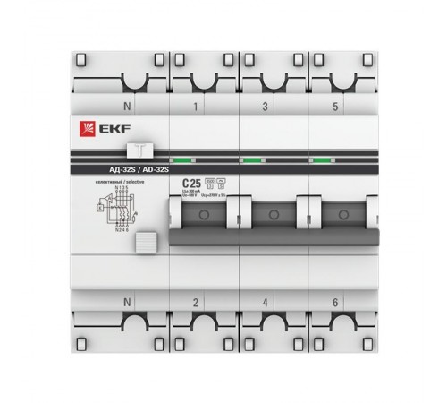 Выключатель автоматический дифференциального тока АД-32 (селективный) 3п+N 25A C 300мА тип AC PROxima  DA32-25-300S-4P-pro  EKF (замена - D63N46ES25