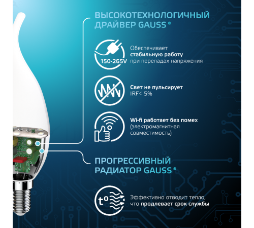 Лампа светодиодная LED 6,5Вт E14 220В 4100К свеча на ветру  104101207  Gauss