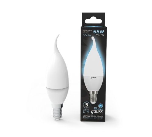 Лампа светодиодная LED 6,5Вт E14 220В 4100К свеча на ветру  104101207  Gauss