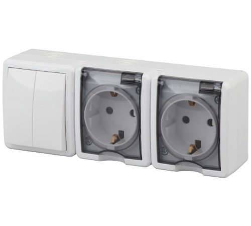 Блок две розетки+Выключатель 2-клавишный 11-7404-01 IP54, 16АХ(10AX)-250В, ОУ, Эксперт, Белый (5 Б0027675  ЭРА