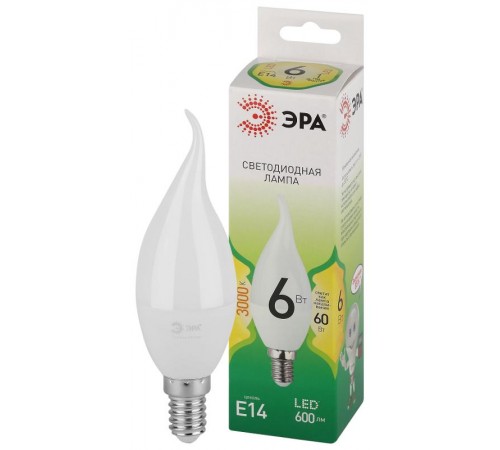 Лампа светодиодная  GREEN LINE LED BXS-6W-830-E14 GL E14 6 Вт свеча на ветру теплый свет  Б0067119  ЭРА