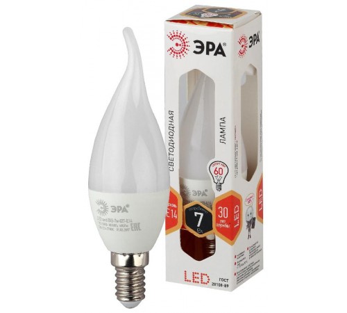 Лампа светодиодная LED BXS-7W-827-E14 Лампы СВЕТОДИОДНЫЕ СТАНДАРТ ЭРА (диод, свеча на ветру, 7Вт, тепл, E14)  Б0028482  ЭРА