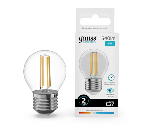 Лампа светодиодная   Filament Elementary Шар 8W 540lm 4100К Е27 LED 1/10/100  52228  Gauss