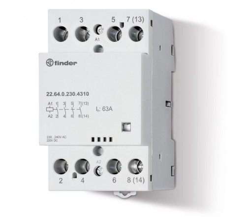 Модульный контактор; 2NO+2NC 63А; контакты AgSnO2; катушка 12В АС/DC; ширина 53.5мм; степень защиты IP20; опции: мех.индикатор  226400124610  Finder