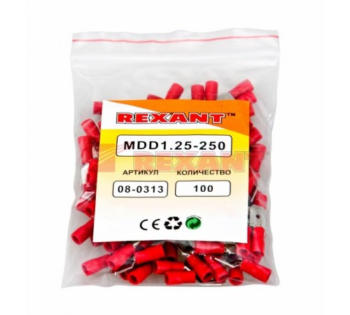 Клемма плоская изолированная штекер 6.3 мм 0.5-1.5 мм (РПи-п 1.5-(6.3)) красная  08-0313  REXANT