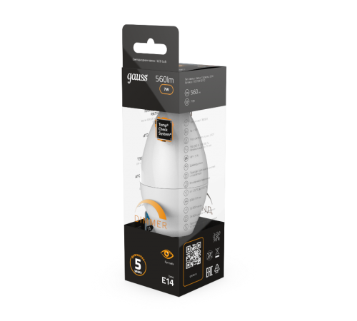 Лампа светодиодная LED 7Вт E14 220В 3000К свеча, диммируемая  103101107-D  Gauss