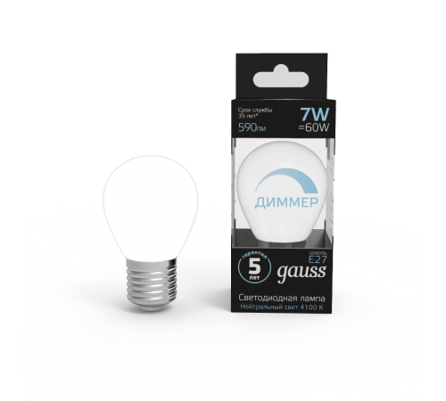 Лампа светодиодная LED 7Вт E27 220В 4100К шар, диммируемая  105102207-D  Gauss