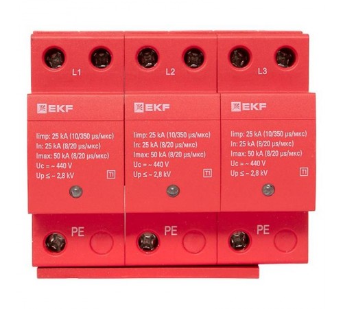 Устройство защиты от импульсных перенапряжений Класс 1 Iimp 25kA (10/350s) 3P  spd-t1-3p  EKF