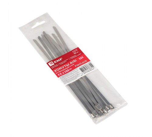 Хомут AISI 304 из нержавеющей стали, 4.6x200 (10 шт.) FlexLock PROxima  plc-fl-tss-304-4.6x200-r  EKF