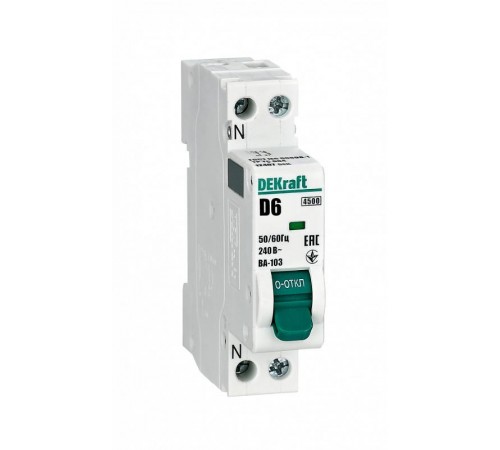 Автоматический выключатель одноролюсный ВА-103(1+N) 6А D  4,5кА  12407DEK  DEKraft