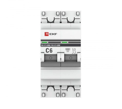 Выключатель автоматический двухполюсный 2P 6А (C) 6кА ВА 47-63M c электромагнитным расцепителем EKF PROxima  mcb4763m-6-2-6C-pro  EKF (замена - M63M