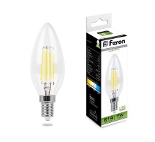 Лампа светодиодная LB-66 (7W) 230V E14 4000K филамент C35 прозрачная  25780  FERON