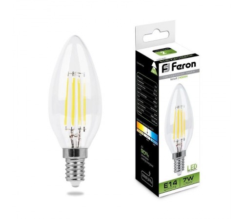 Лампа светодиодная LB-66 (7W) 230V E14 4000K филамент C35 прозрачная  25780  FERON