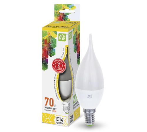 Лампа светодиодная LED-СВЕЧА НА ВЕТРУ-standard 7.5Вт 230В Е14 3000К 675Лм  4690612004556  ASD