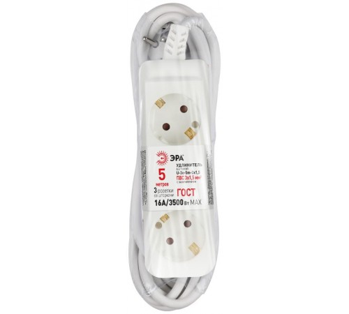 Удлинитель электрический U-3e-5m-3x1,5 с заземлением 3 розетки 5м ПВС 3x1,5мм2 16А  Б0044033  ЭРА