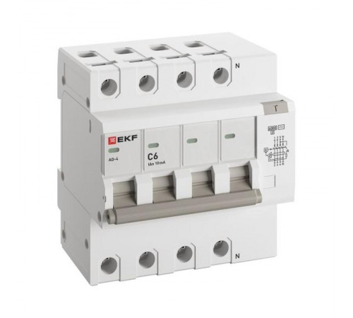Дифференциальный автомат АД-4 6А/10мА (х-ка C, АС, электронный) 6кА EKF PROxima  DA4-6-06-10-pro  EKF