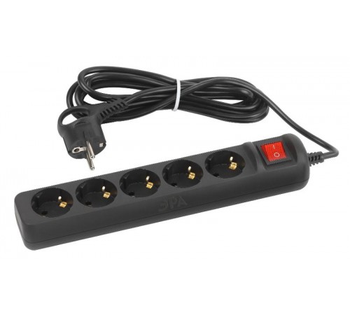 Удлинитель электрический UX-5es-3m-B с заземлением с выключателем 5 розеток 3 м ПВС 3x0,75мм2 10А черный  Б0057731  ЭРА