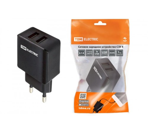 Сетевое зарядное устройство, СЗУ 4, 2,1 А, 2 USB, черный,  SQ1810-0021  TDM