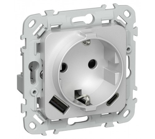 FLITE Розетка с заземлением со шторками 16А с USB A+C 20Вт быстрозажимные клеммы РСЮшс11-1-ФлА алюминий  FI-R14-16-1-U22-020-K47  IEK