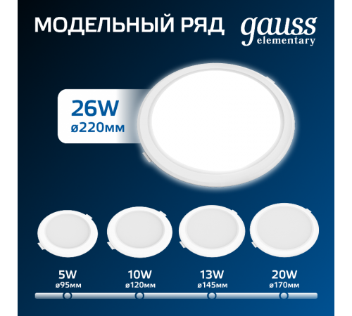 Светильник  Elementary Downlight круг26W 2250lm 4000K 170-260V IP20 220*26 белый LED 1/40  997520224  Gauss