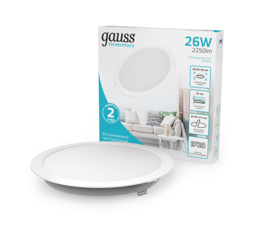 Светильник  Elementary Downlight круг26W 2250lm 4000K 170-260V IP20 220*26 белый LED 1/40  997520224  Gauss