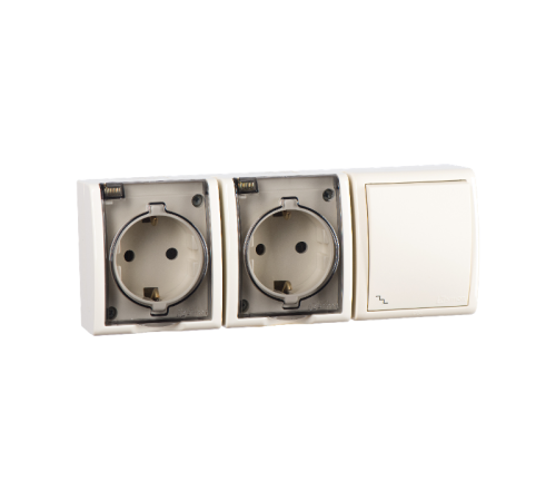 Блок IP54. Розетка двойная с крышкой и заземлением Schuko 2x2Р+Е 16A + Переключатель (проходной) 10AX 250В цвета слоновая кость S15 Aqua  1594526-031