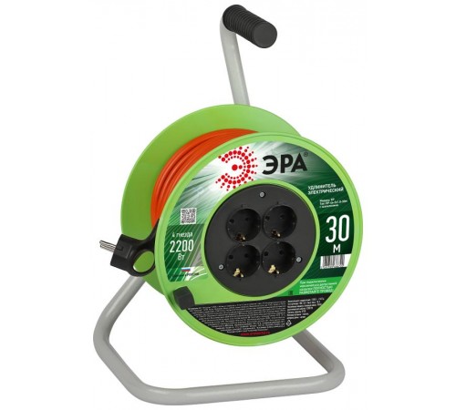 Удлинитель силовой  RP-4e-3х1.0-30m на пластиковой катушке c заземлением 4 розетки 30м ПВС 3х1мм2   Б0056099  ЭРА
