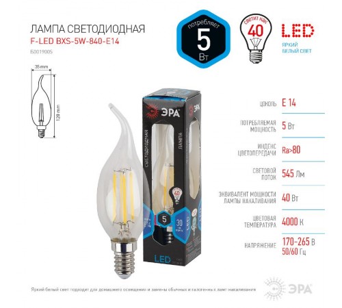 Лампа светодиодная LED 5Вт E14 220В 4000К F-LED BXS свеча на ветру  Б0019005  ЭРА