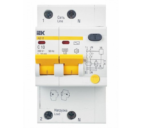 Выключатель автоматический дифференциального тока АД12 2п 10А C 10мА тип AC (3 мод)  MAD10-2-010-C-010  IEK