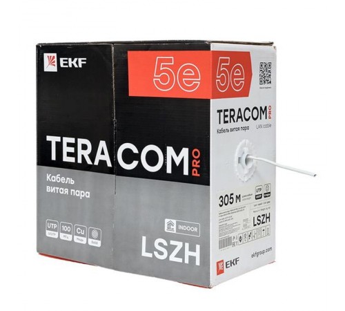 Кабель витая пара TERACOM PRO Cat.5E U/UTP 4 пары solid 24AWG нг(А)-HF серый упак. 305м  TRP-5EUTP-04LSH-GY-IN3  EKF