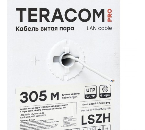 Кабель витая пара TERACOM PRO Cat.5E U/UTP 4 пары solid 24AWG нг(А)-HF серый упак. 305м  TRP-5EUTP-04LSH-GY-IN3  EKF