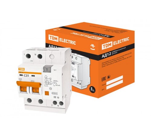 Выключатель автоматический дифференциального тока АД12 2п 25А C 100мА тип AC (4 мод)  SQ0204-0012  TDM