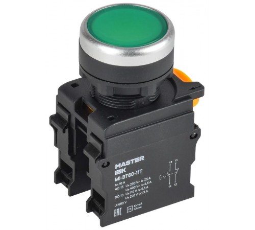 Кнопка с фиксацией d=22мм 1NO+1NC зелёная MASTER  MI-BT60-11T-3-21-K06  IEK