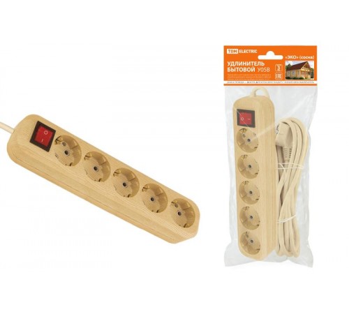 Удлинитель бытовой  У05В выключатель, 5 гнезд, 3метра,2П+3, ПВС 3х1мм2 "Эко" (сосна) 16А/250В  SQ1303-2121  TDM