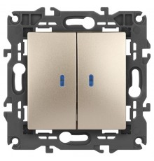 14-1105-04 Выключатель 2-клавишный с подсветкой, 10АХ-250В, IP20, Эра Elegance, шампань  Б0034240  ЭРА