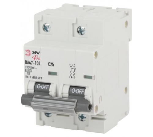 Выключатель автоматический двухполюсный NO-902-273 ВА47-100 2Р 25А 10 кА кривая С (6/60/1440) Pro  Б0048863  ЭРА