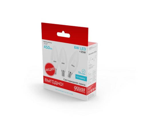 Лампа светодиодная Elementary Свеча 6W 450lm 4100K E14 (3 лампы в упаковке) LED 1/40  33126T  Gauss