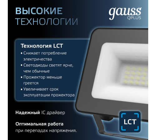 Прожектор светодиодный Qplus 20W 1800lm IP65 6500К черный   613511320  Gauss