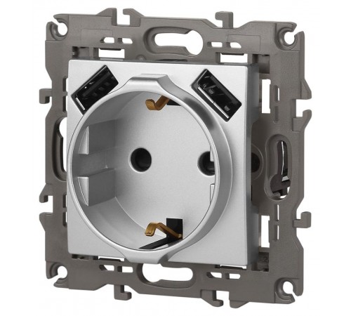 14-4109-03 Розетка без заземления+E 16A-250В, штор. с 2xUSB 5В-3А, Elegance, алюминий (10/100/2000)  Б0047869  ЭРА