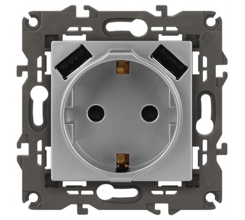 14-4109-03 Розетка без заземления+E 16A-250В, штор. с 2xUSB 5В-3А, Elegance, алюминий (10/100/2000)  Б0047869  ЭРА