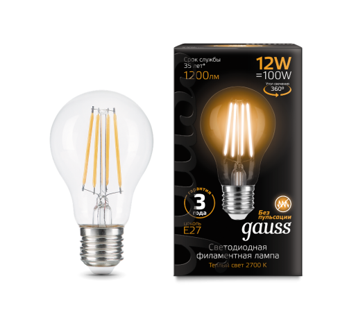 Лампа светодиодная Filament А60 12W 1200lm 2700К Е27 LED  102902112  Gauss