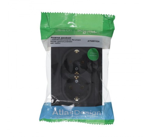 AtlasDesign Карбон Розетка 2-ая с заземлением, 16А, (в сборе с рамкой)  ATN001024  SE