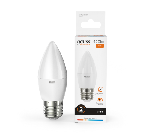Лампа светодиодная LED 6Вт E27 220В 2700К Elementary свеча  33216  Gauss